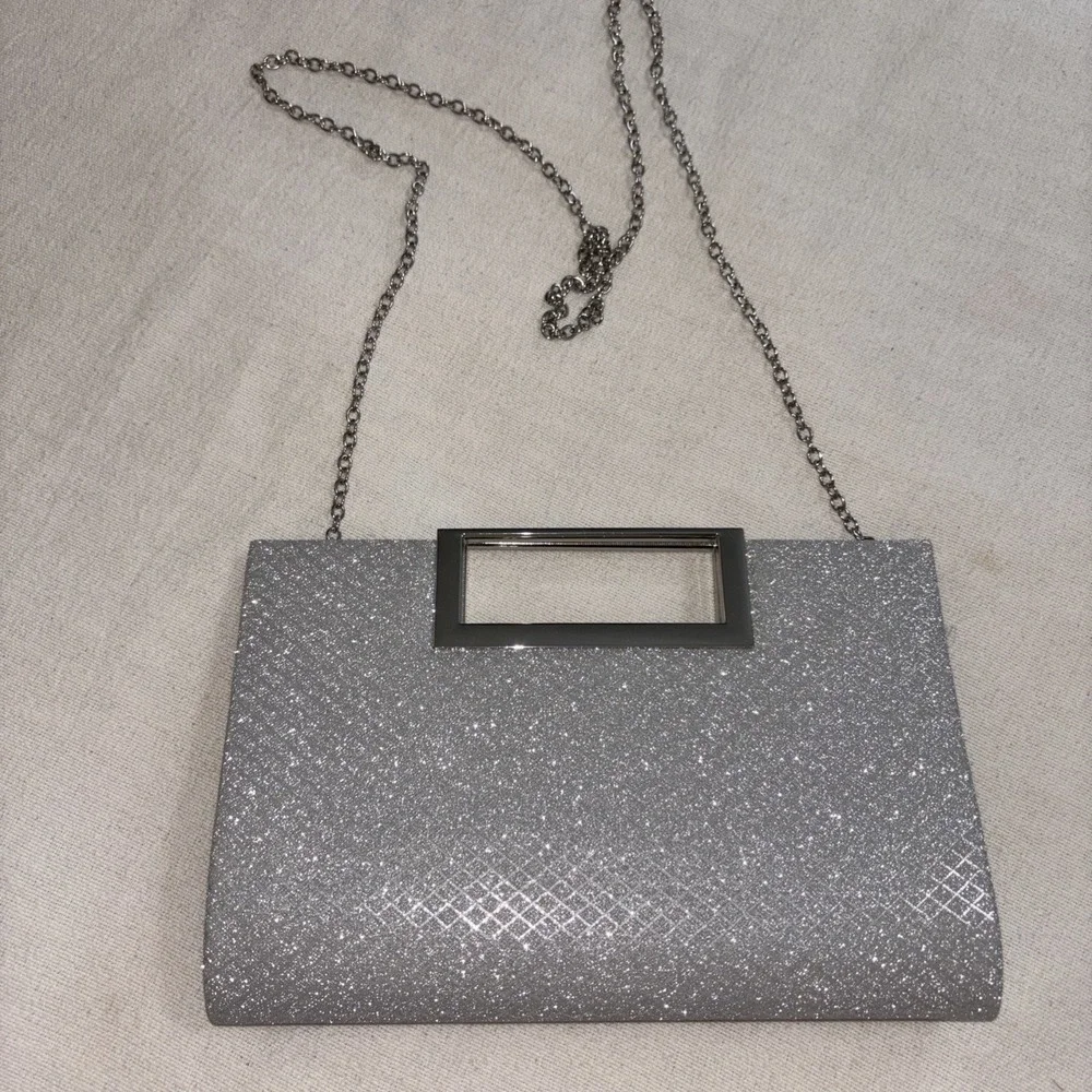 Silver Glitter Evening Bag Clutch Crossbody Silver Chain Prom‎ Formal